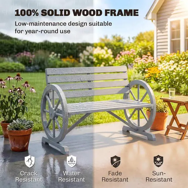 Alt view image 4 of 7 - 41" Wooden Outdoor Bench Rustic Wagon Wheel Light Gray | Garden Bench, Patio Slatted Seat, Backrest, Reinforced Bottom Support, Weather Resistance Furniture, for Outside Lawn Yard
