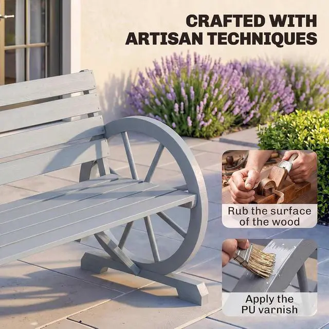 Alt view image 5 of 7 - 41" Wooden Outdoor Bench Rustic Wagon Wheel Light Gray | Garden Bench, Patio Slatted Seat, Backrest, Reinforced Bottom Support, Weather Resistance Furniture, for Outside Lawn Yard