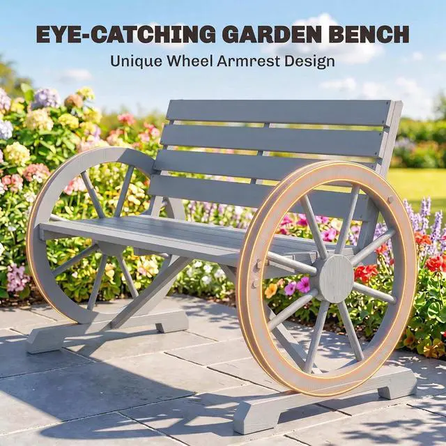 Alt view image 6 of 7 - 41" Wooden Outdoor Bench Rustic Wagon Wheel Light Gray | Garden Bench, Patio Slatted Seat, Backrest, Reinforced Bottom Support, Weather Resistance Furniture, for Outside Lawn Yard