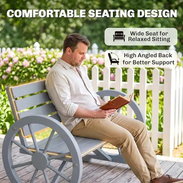 Alt view image 7 of 7 - 41" Wooden Outdoor Bench Rustic Wagon Wheel Light Gray | Garden Bench, Patio Slatted Seat, Backrest, Reinforced Bottom Support, Weather Resistance Furniture, for Outside Lawn Yard