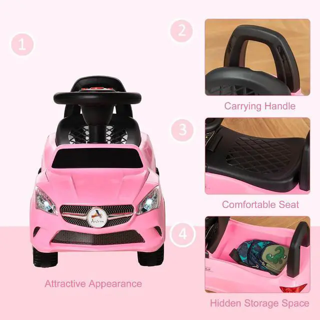 Alt view image 6 of 7 - Kids Ride On Push Car Foot-to-Floor Walking Sliding Toy Car Pink | for Toddler, Working Horn, Music, Headlights, Storage