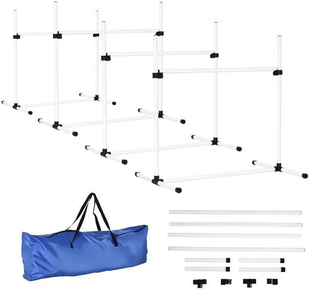 Main image of PawHut 4 Piece Dog Agility Training Equipment for Dog Agility Course White | Adjustable Height Jump Bars, Included Carry Bag, Displacing Top Bar