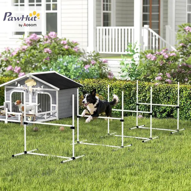 Alt view image 2 of 7 - PawHut 4 Piece Dog Agility Training Equipment for Dog Agility Course White | Adjustable Height Jump Bars, Included Carry Bag, Displacing Top Bar