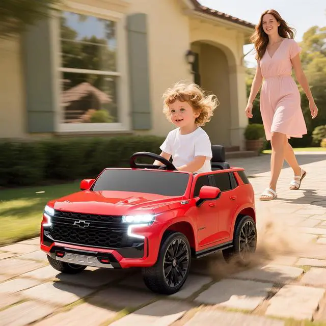 Alt view image 2 of 7 - Licensed Chevrolet Tahoe Ride On Car Parent Remote Control Red | 12V 7AH Battery Power Ride On Toy, LED Lights, Music, 4 Wheeler Suspension, 3 Speeds, Kids Electric Vehicle, Aged 3+