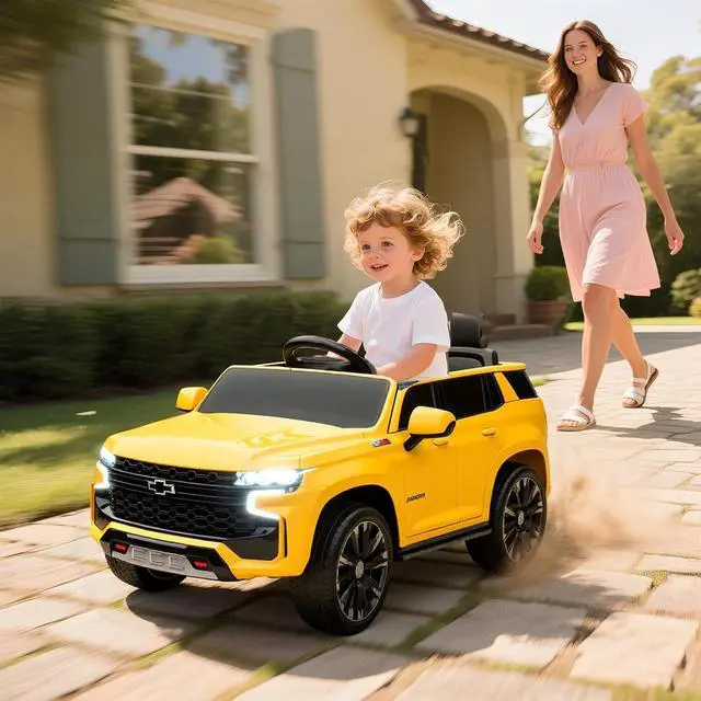 Alt view image 2 of 7 - Licensed Chevrolet Tahoe Ride On Car Parent Remote 12V 7AH Yellow | Battery Power Ride On Toy, LED Lights, Music, 4 Wheeler Suspension, 3 Speeds, Kids Electric Vehicle for Aged 3+