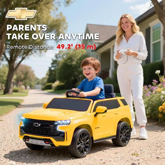 Alt view image 4 of 7 - Licensed Chevrolet Tahoe Ride On Car Parent Remote 12V 7AH Yellow | Battery Power Ride On Toy, LED Lights, Music, 4 Wheeler Suspension, 3 Speeds, Kids Electric Vehicle for Aged 3+