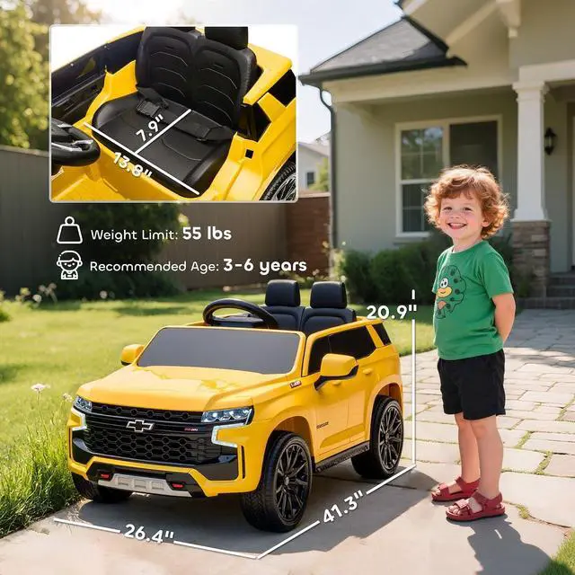 Alt view image 7 of 7 - Licensed Chevrolet Tahoe Ride On Car Parent Remote 12V 7AH Yellow | Battery Power Ride On Toy, LED Lights, Music, 4 Wheeler Suspension, 3 Speeds, Kids Electric Vehicle for Aged 3+