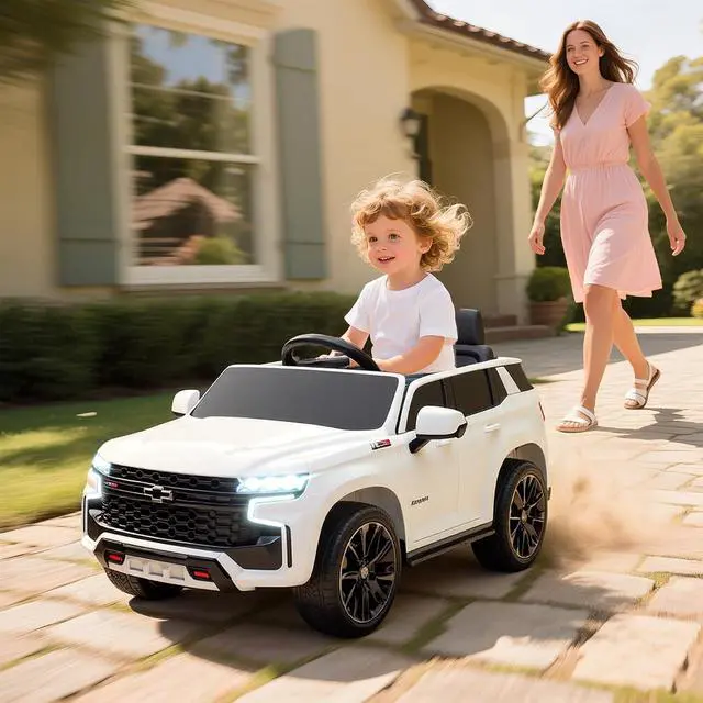 Alt view image 2 of 7 - Licensed Chevrolet Tahoe Ride On Car Parent Remote Control White | 12V 7AH Battery Power Ride On Toy, LED Lights, Music, 4 Wheeler Suspension, 3 Speeds, Kids Electric Vehicle, Aged 3+