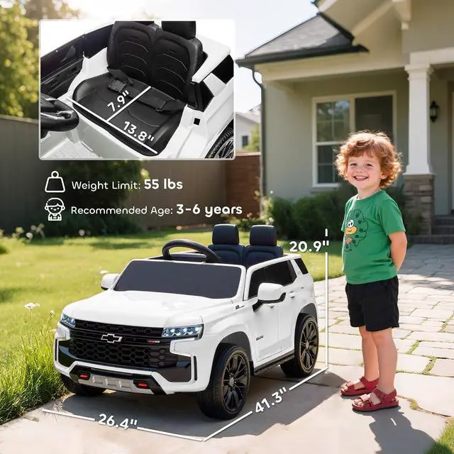 Alt view image 7 of 7 - Licensed Chevrolet Tahoe Ride On Car Parent Remote Control White | 12V 7AH Battery Power Ride On Toy, LED Lights, Music, 4 Wheeler Suspension, 3 Speeds, Kids Electric Vehicle, Aged 3+