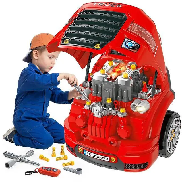 Main image of Qaba Truck Engine Toy with Lights, Sounds, Steering Wheel for Kids 3+, Red | Kids Mechanic Set, Horn, Pretend Car Service Station Play, 61-Piece Included