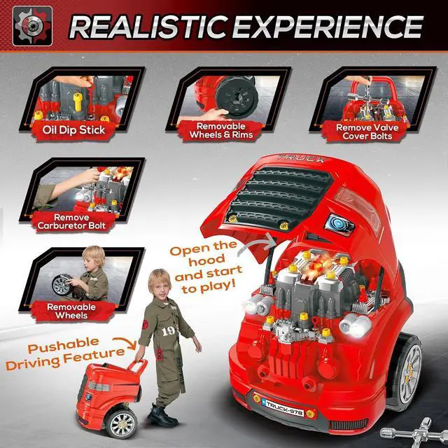 Alt view image 3 of 7 - Qaba Truck Engine Toy with Lights, Sounds, Steering Wheel for Kids 3+, Red | Kids Mechanic Set, Horn, Pretend Car Service Station Play, 61-Piece Included