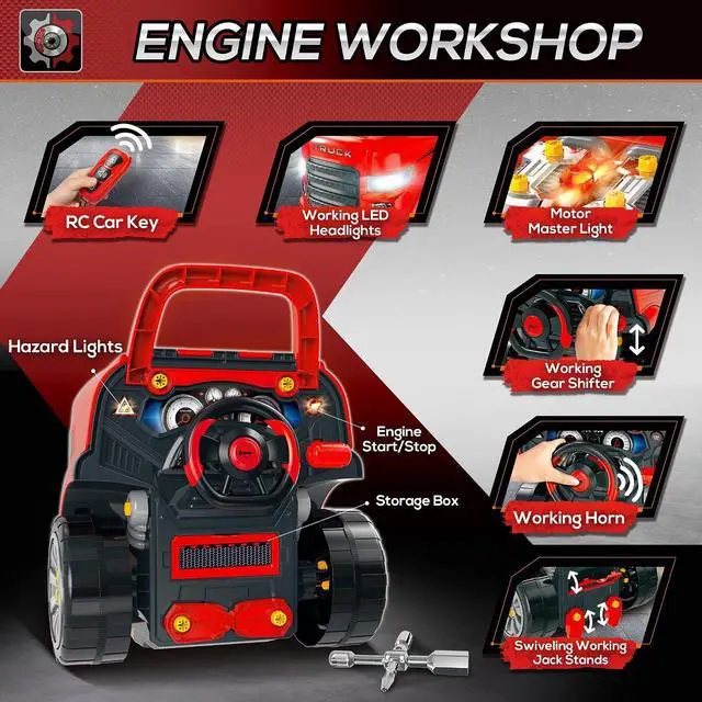 Alt view image 4 of 7 - Qaba Truck Engine Toy with Lights, Sounds, Steering Wheel for Kids 3+, Red | Kids Mechanic Set, Horn, Pretend Car Service Station Play, 61-Piece Included