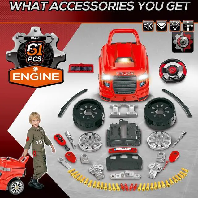Alt view image 5 of 7 - Qaba Truck Engine Toy with Lights, Sounds, Steering Wheel for Kids 3+, Red | Kids Mechanic Set, Horn, Pretend Car Service Station Play, 61-Piece Included