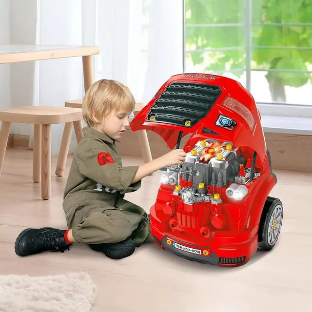 Alt view image 2 of 7 - Qaba Truck Engine Toy with Lights, Sounds, Steering Wheel for Kids 3+, Red | Kids Mechanic Set, Horn, Pretend Car Service Station Play, 61-Piece Included