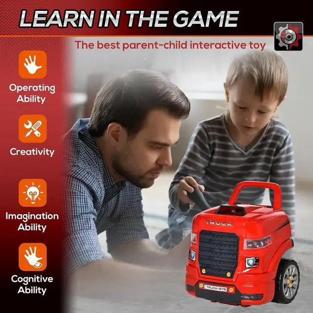 Alt view image 6 of 7 - Qaba Truck Engine Toy with Lights, Sounds, Steering Wheel for Kids 3+, Red | Kids Mechanic Set, Horn, Pretend Car Service Station Play, 61-Piece Included