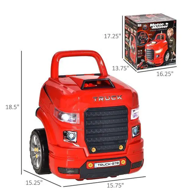Alt view image 7 of 7 - Qaba Truck Engine Toy with Lights, Sounds, Steering Wheel for Kids 3+, Red | Kids Mechanic Set, Horn, Pretend Car Service Station Play, 61-Piece Included
