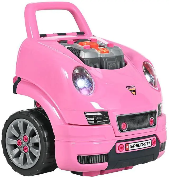 Main image of Qaba Truck Engine Toy Kids Mechanic Set with Lights for Kids Aged 3+ Pink | Sounds, Steering Wheel and Horn, Pretend Car Service Station Play, 61-Piece Included