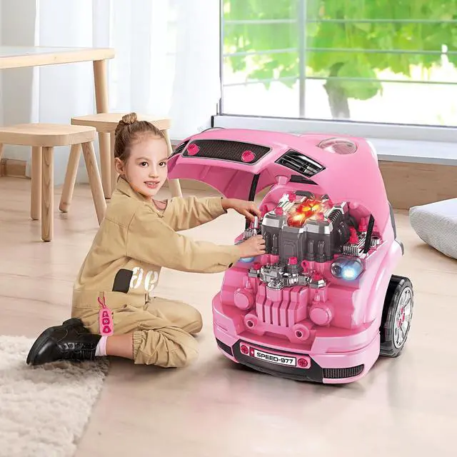 Alt view image 2 of 7 - Qaba Truck Engine Toy Kids Mechanic Set with Lights for Kids Aged 3+ Pink | Sounds, Steering Wheel and Horn, Pretend Car Service Station Play, 61-Piece Included