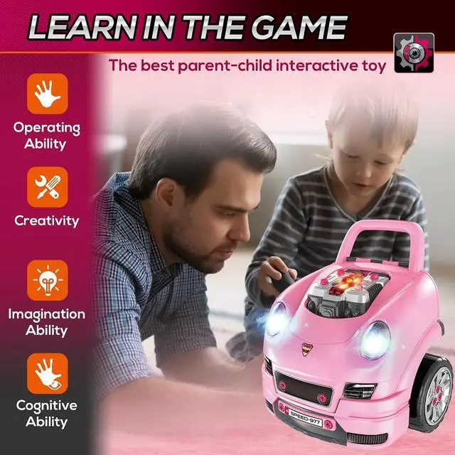 Alt view image 3 of 7 - Qaba Truck Engine Toy Kids Mechanic Set with Lights for Kids Aged 3+ Pink | Sounds, Steering Wheel and Horn, Pretend Car Service Station Play, 61-Piece Included
