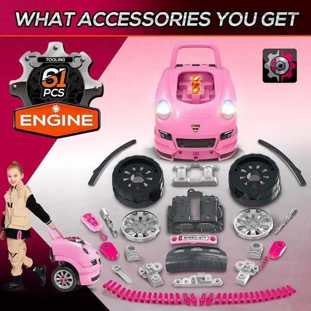 Alt view image 4 of 7 - Qaba Truck Engine Toy Kids Mechanic Set with Lights for Kids Aged 3+ Pink | Sounds, Steering Wheel and Horn, Pretend Car Service Station Play, 61-Piece Included