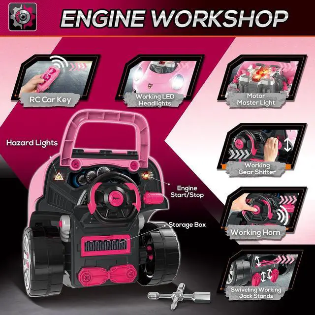 Alt view image 5 of 7 - Qaba Truck Engine Toy Kids Mechanic Set with Lights for Kids Aged 3+ Pink | Sounds, Steering Wheel and Horn, Pretend Car Service Station Play, 61-Piece Included