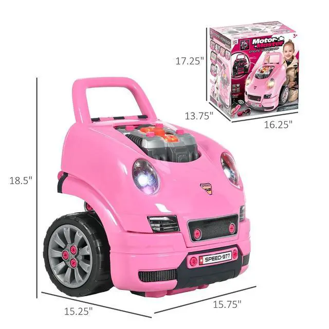 Alt view image 7 of 7 - Qaba Truck Engine Toy Kids Mechanic Set with Lights for Kids Aged 3+ Pink | Sounds, Steering Wheel and Horn, Pretend Car Service Station Play, 61-Piece Included