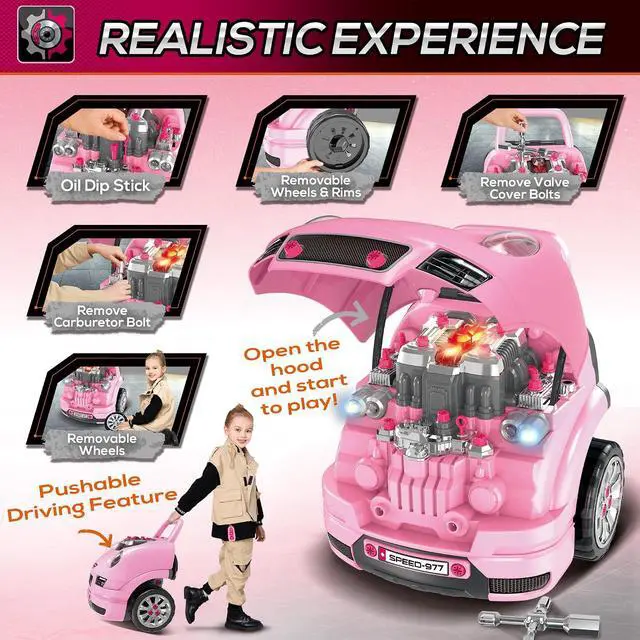Alt view image 6 of 7 - Qaba Truck Engine Toy Kids Mechanic Set with Lights for Kids Aged 3+ Pink | Sounds, Steering Wheel and Horn, Pretend Car Service Station Play, 61-Piece Included
