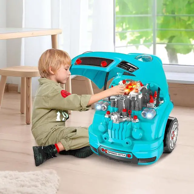 Alt view image 2 of 7 - Qaba Truck Engine Toy with Lights, Sounds, Steering Wheel for Kids 3+, Blue | Kids Mechanic Set, Pretend Car Service Station Play, 61-Piece Included, Toy Engine Building Kit