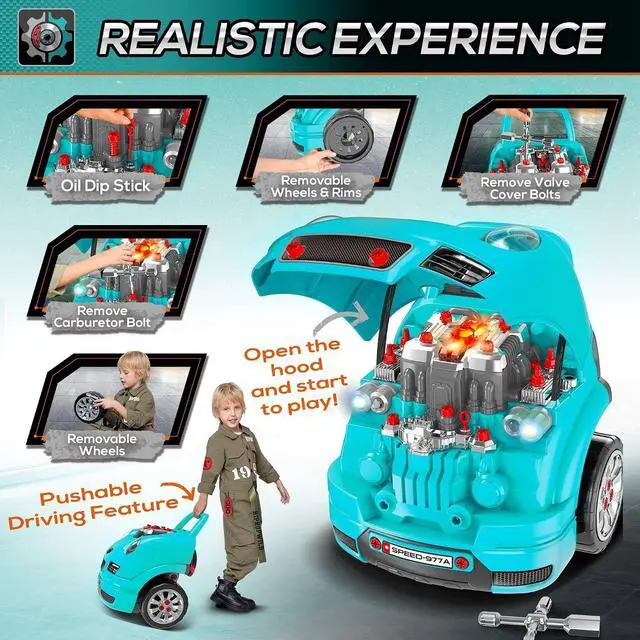 Alt view image 3 of 7 - Qaba Truck Engine Toy with Lights, Sounds, Steering Wheel for Kids 3+, Blue | Kids Mechanic Set, Pretend Car Service Station Play, 61-Piece Included, Toy Engine Building Kit