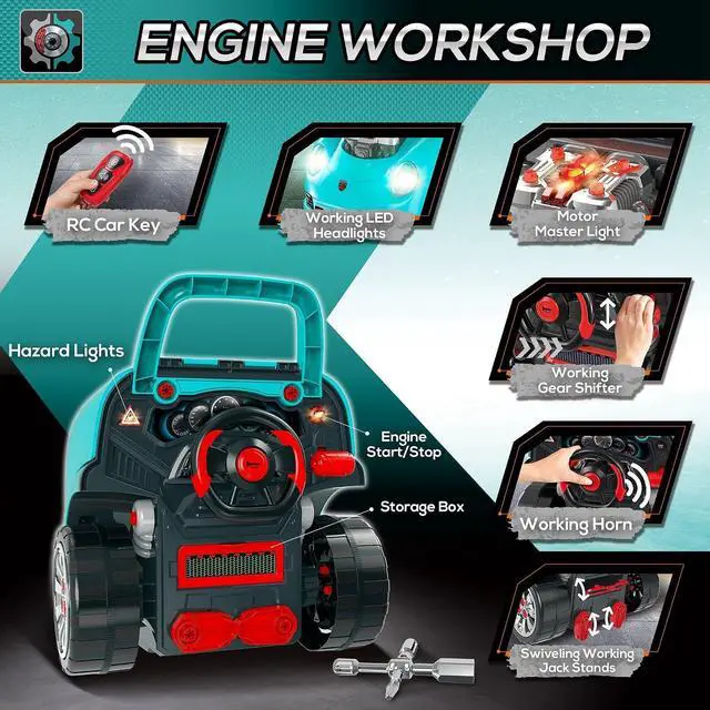 Alt view image 4 of 7 - Qaba Truck Engine Toy with Lights, Sounds, Steering Wheel for Kids 3+, Blue | Kids Mechanic Set, Pretend Car Service Station Play, 61-Piece Included, Toy Engine Building Kit