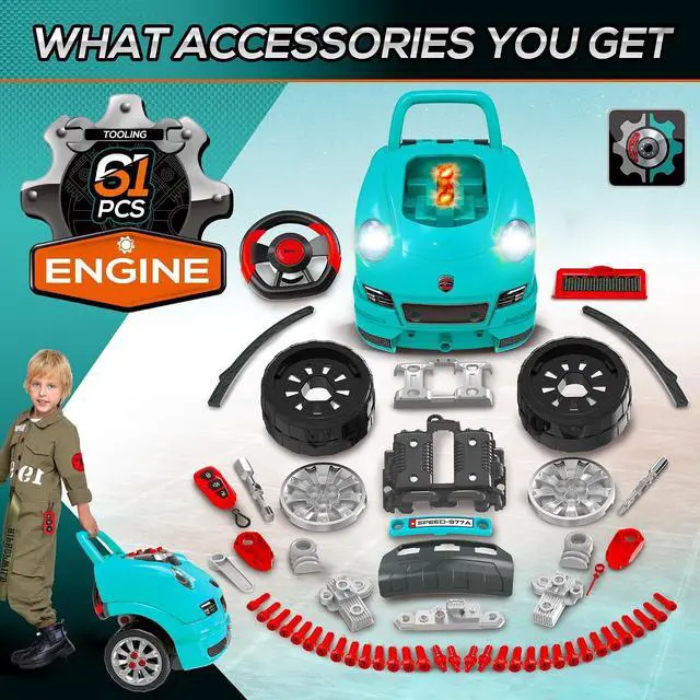 Alt view image 5 of 7 - Qaba Truck Engine Toy with Lights, Sounds, Steering Wheel for Kids 3+, Blue | Kids Mechanic Set, Pretend Car Service Station Play, 61-Piece Included, Toy Engine Building Kit