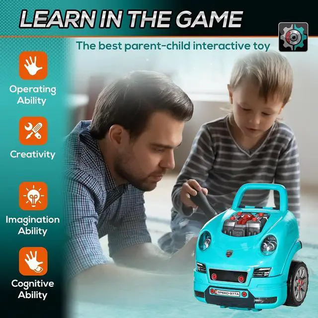 Alt view image 6 of 7 - Qaba Truck Engine Toy with Lights, Sounds, Steering Wheel for Kids 3+, Blue | Kids Mechanic Set, Pretend Car Service Station Play, 61-Piece Included, Toy Engine Building Kit