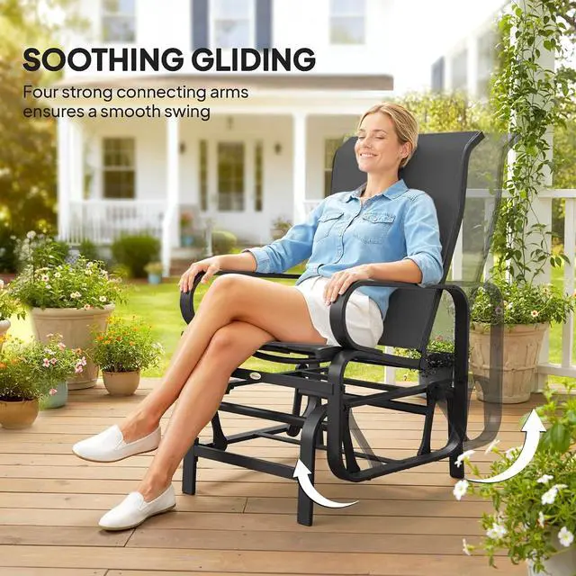 Alt view image 4 of 7 - Outdoor Glider Chair Set of 2, Smooth Gliding Mechanism Black | Gliders for Outside Patio, Lightweight Construction, Backyard