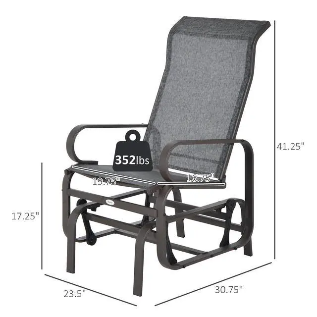 Alt view image 3 of 7 - Outdoor Glider Chair, Smooth Gliding Mechanism, Gray | Smooth Gliding Mechanism, Lightweight Construction, Patio, Backyard