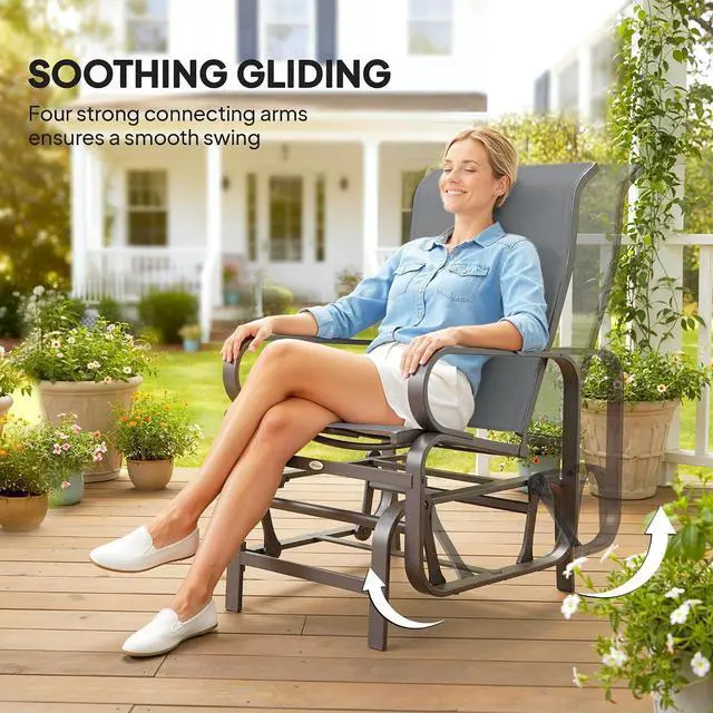 Alt view image 4 of 7 - Outdoor Glider Chair Set of 2, Smooth Gliding Mechanism, Gray | Gliders for Outside Patio, Lightweight Construction, Backyard