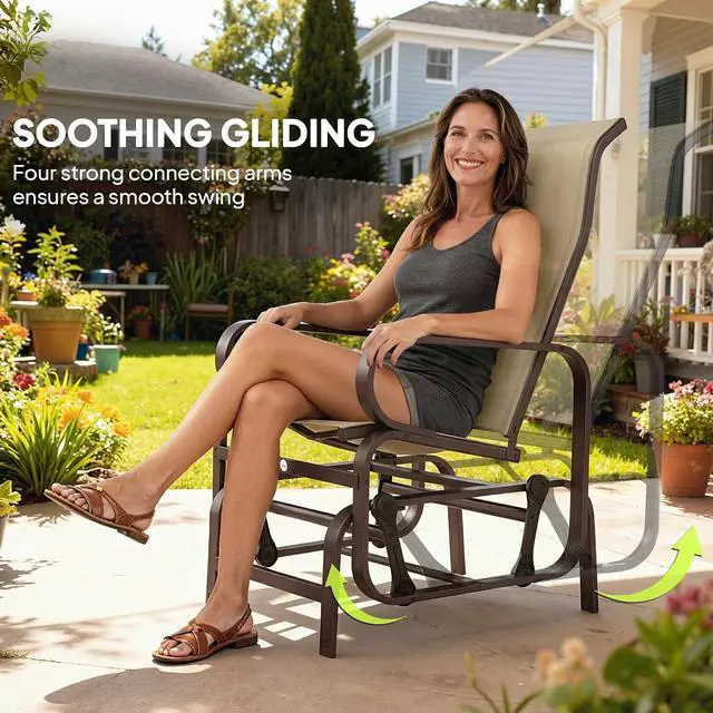 Alt view image 4 of 7 - Outdoor Glider Chair Set of 2, Smooth Gliding Mechanism, Khaki | Gliders for Outside Patio, Lightweight Construction, Backyard