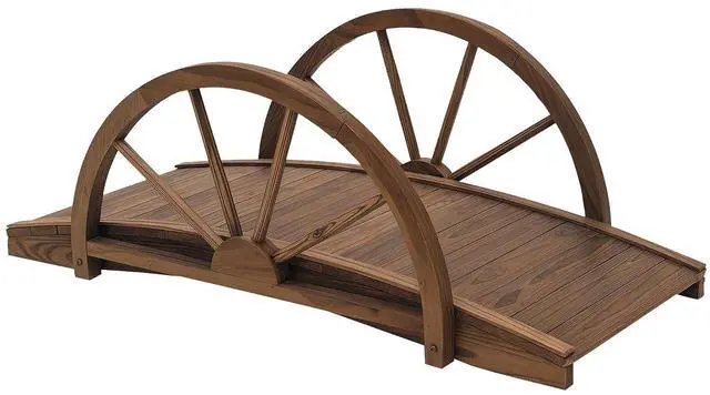 Main image of 3.3ft Wooden Garden Bridge Half-Wheel Style Railings, Stained Wood | Arc Footbridge, Solid Fir Construction