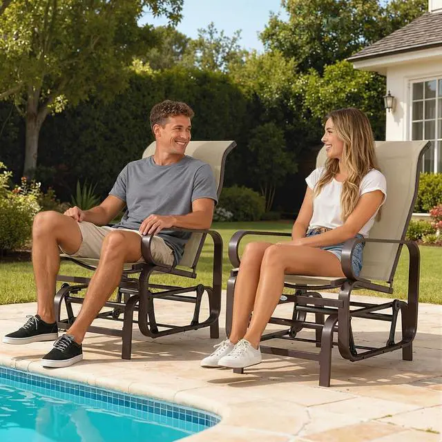 Alt view image 7 of 7 - Outdoor Glider Chair Set of 2, Smooth Gliding Mechanism, Khaki | Gliders for Outside Patio, Lightweight Construction, Backyard