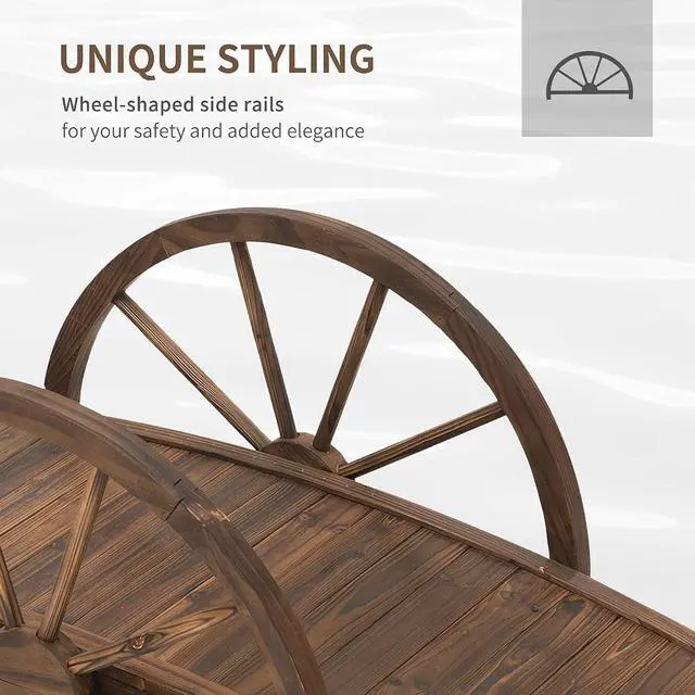 Alt view image 3 of 7 - 3.3ft Wooden Garden Bridge Half-Wheel Style Railings, Stained Wood | Arc Footbridge, Solid Fir Construction
