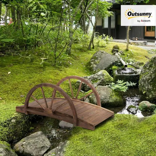 Alt view image 2 of 7 - 3.3ft Wooden Garden Bridge Half-Wheel Style Railings, Stained Wood | Arc Footbridge, Solid Fir Construction