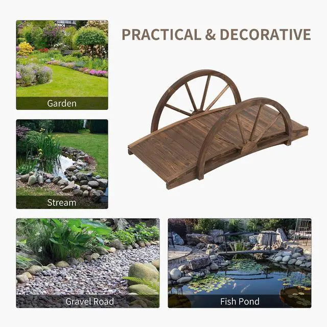 Alt view image 5 of 7 - 3.3ft Wooden Garden Bridge Half-Wheel Style Railings, Stained Wood | Arc Footbridge, Solid Fir Construction