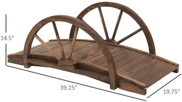 Alt view image 7 of 7 - 3.3ft Wooden Garden Bridge Half-Wheel Style Railings, Stained Wood | Arc Footbridge, Solid Fir Construction