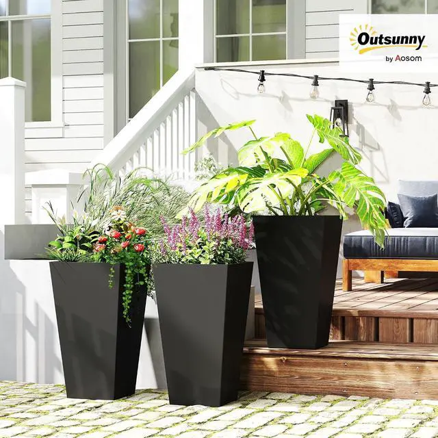 Alt view image 2 of 7 - 28 in Tall Planters for Outdoor Plants, Set of 3, Black | Set of 3, Taper Planters, Indoor Grande Plant Pots, Front Porch Decor, Flower Pots