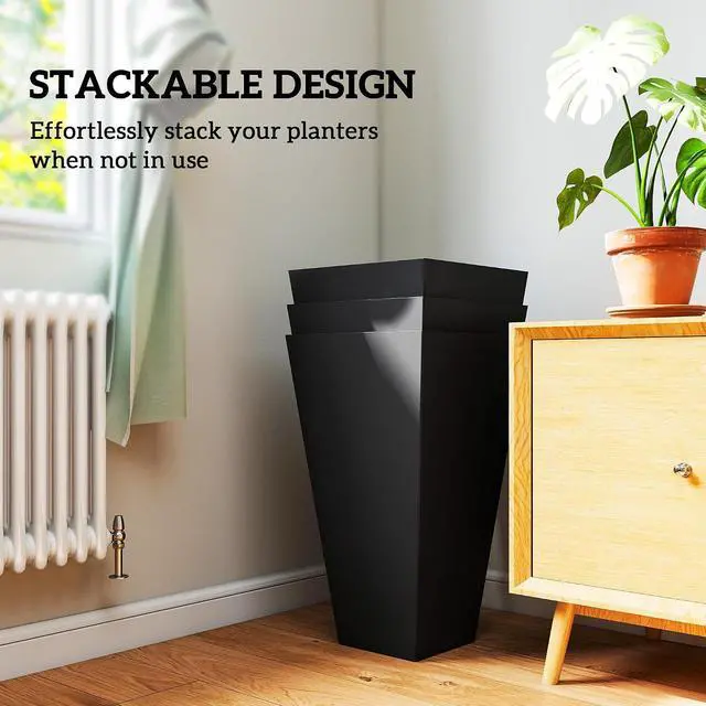 Alt view image 7 of 7 - 28 in Tall Planters for Outdoor Plants, Set of 3, Black | Set of 3, Taper Planters, Indoor Grande Plant Pots, Front Porch Decor, Flower Pots