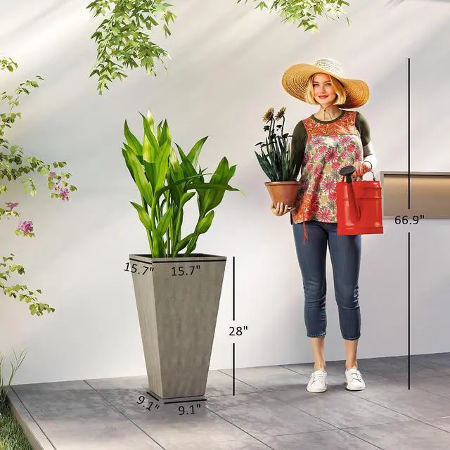 Alt view image 3 of 7 - 28 in Tall Planters for Outdoor Plants with Drainage Holes, Grey | Set of 3, Taper Planters, Indoor Grande Plant Pots, Front Porch Decor, Flower Pots