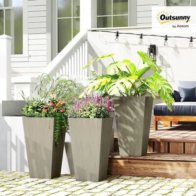 Alt view image 2 of 7 - 28 in Tall Planters for Outdoor Plants with Drainage Holes, Grey | Set of 3, Taper Planters, Indoor Grande Plant Pots, Front Porch Decor, Flower Pots