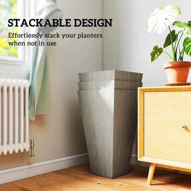 Alt view image 7 of 7 - 28 in Tall Planters for Outdoor Plants with Drainage Holes, Grey | Set of 3, Taper Planters, Indoor Grande Plant Pots, Front Porch Decor, Flower Pots