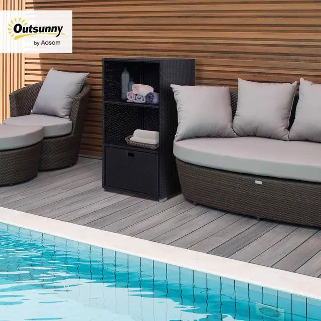 Alt view image 2 of 7 - Valet Pool Towel Rack Waterproof Hot Tub Organizer Dark Brown | PE Plastic Rattan Wicker, Indoor Outdoor Spa Accessory Storage, 2 Shelves, 8 Basket Drawer