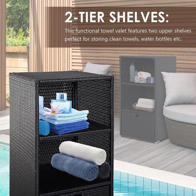 Alt view image 5 of 7 - Valet Pool Towel Rack Waterproof Hot Tub Organizer Dark Brown | PE Plastic Rattan Wicker, Indoor Outdoor Spa Accessory Storage, 2 Shelves, 8 Basket Drawer