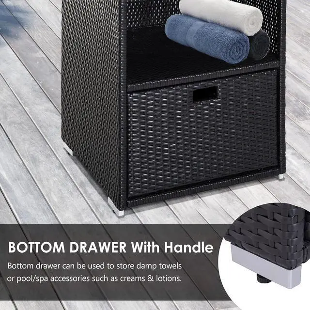 Alt view image 6 of 7 - Valet Pool Towel Rack Waterproof Hot Tub Organizer Dark Brown | PE Plastic Rattan Wicker, Indoor Outdoor Spa Accessory Storage, 2 Shelves, 8 Basket Drawer